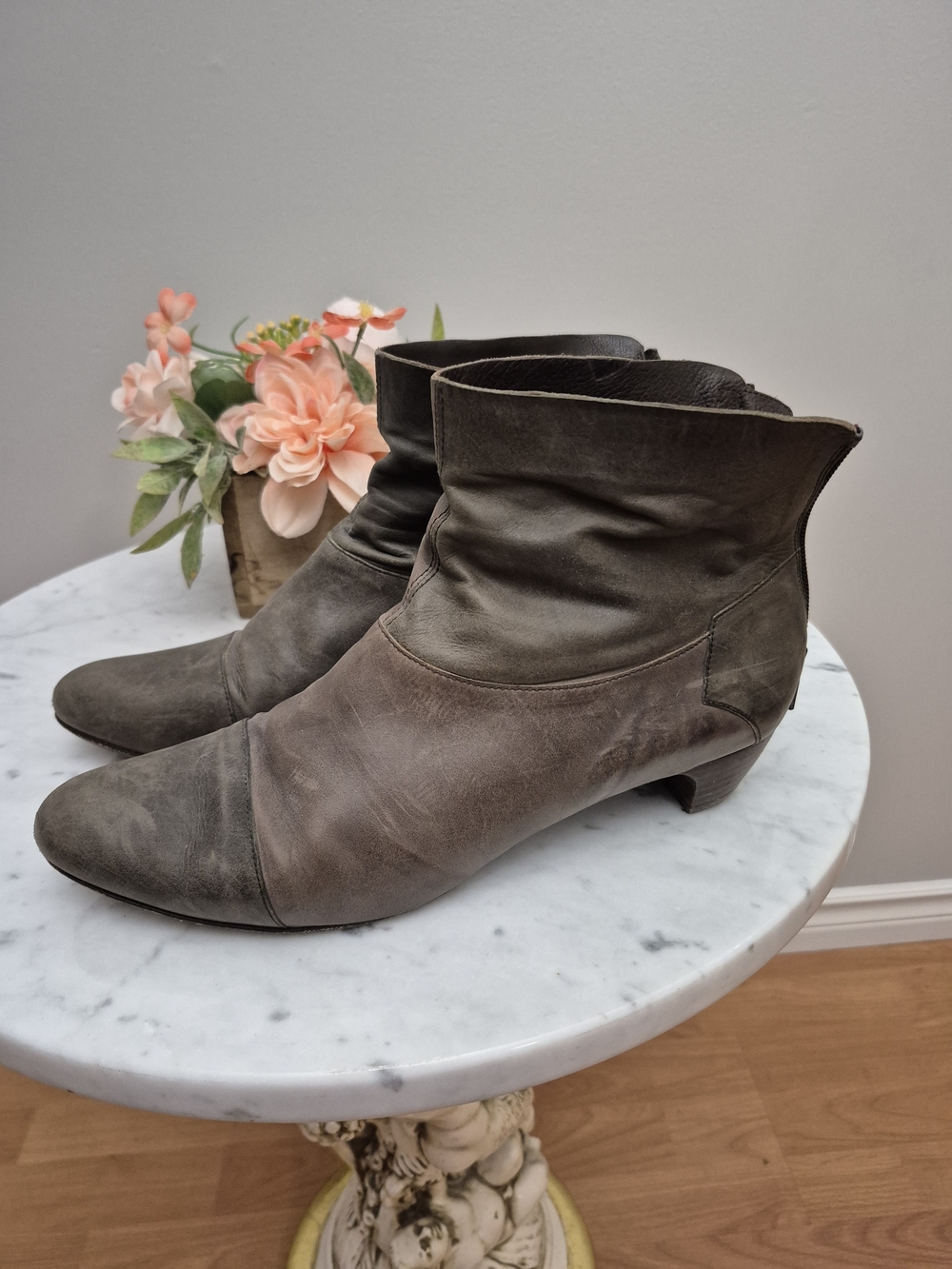 COCLICO Two-Tone Gray and Taupe Leather Ankle Booties
